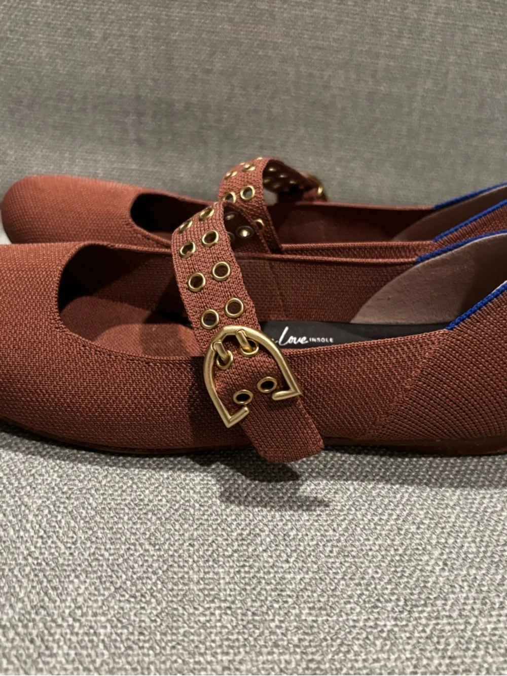 Rothy's Chestnut Brown Knit Mary Jane Flats with Gold Eyelets - Picture 4 of 7